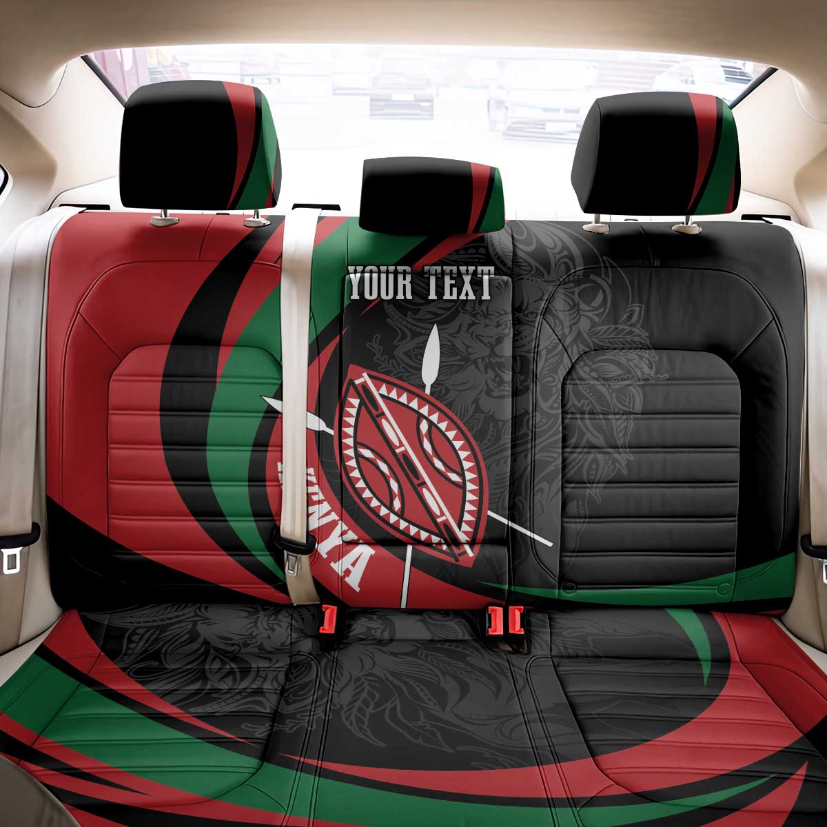 Kenya Mashujaa Day Personalized Back Car Seat Cover Lion Warrior with Masai Shield LT7 - Wonder Print Shop