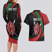 Kenya Mashujaa Day Personalized Couples Matching Long Sleeve Bodycon Dress and Hawaiian Shirt Lion Warrior with Masai Shield LT7 - Wonder Print Shop