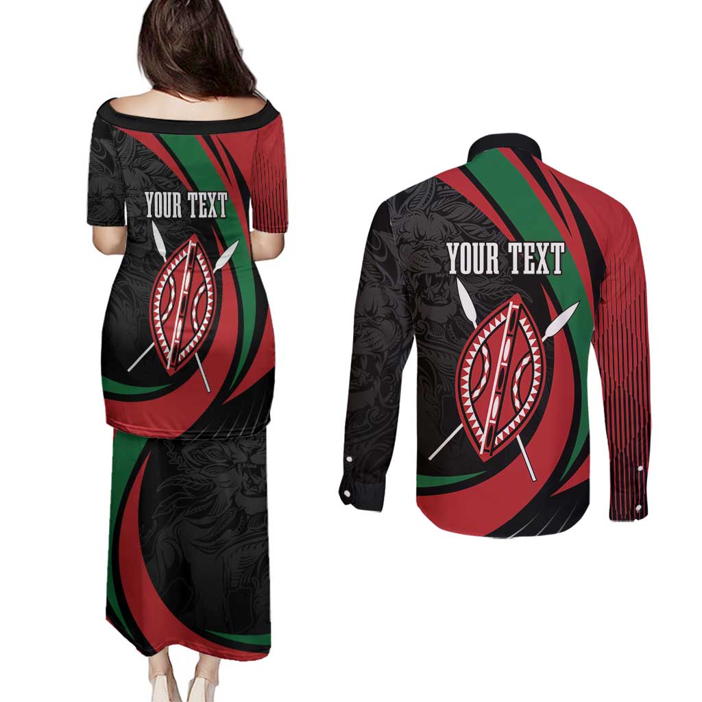 Kenya Mashujaa Day Personalized Couples Matching Puletasi and Long Sleeve Button Shirt Lion Warrior with Masai Shield LT7 - Wonder Print Shop