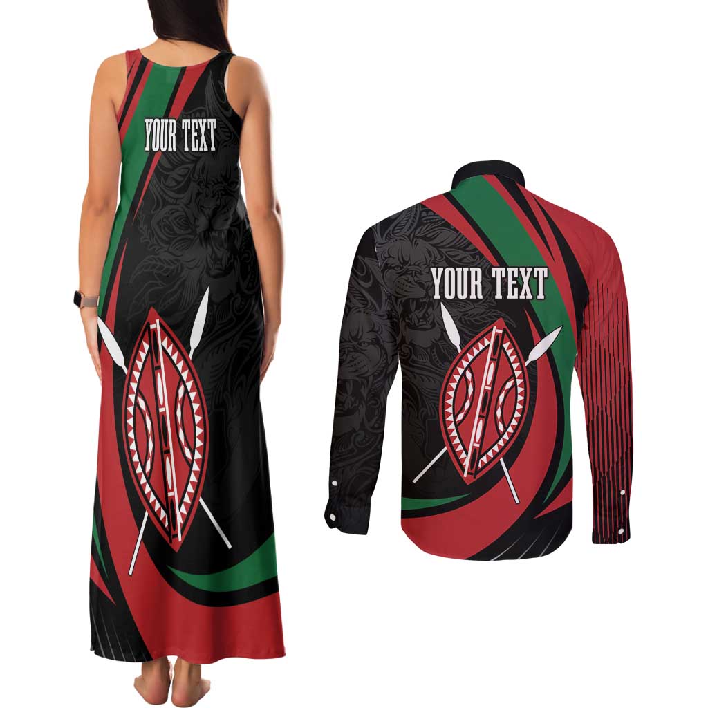 Kenya Mashujaa Day Personalized Couples Matching Tank Maxi Dress and Long Sleeve Button Shirt Lion Warrior with Masai Shield LT7 - Wonder Print Shop