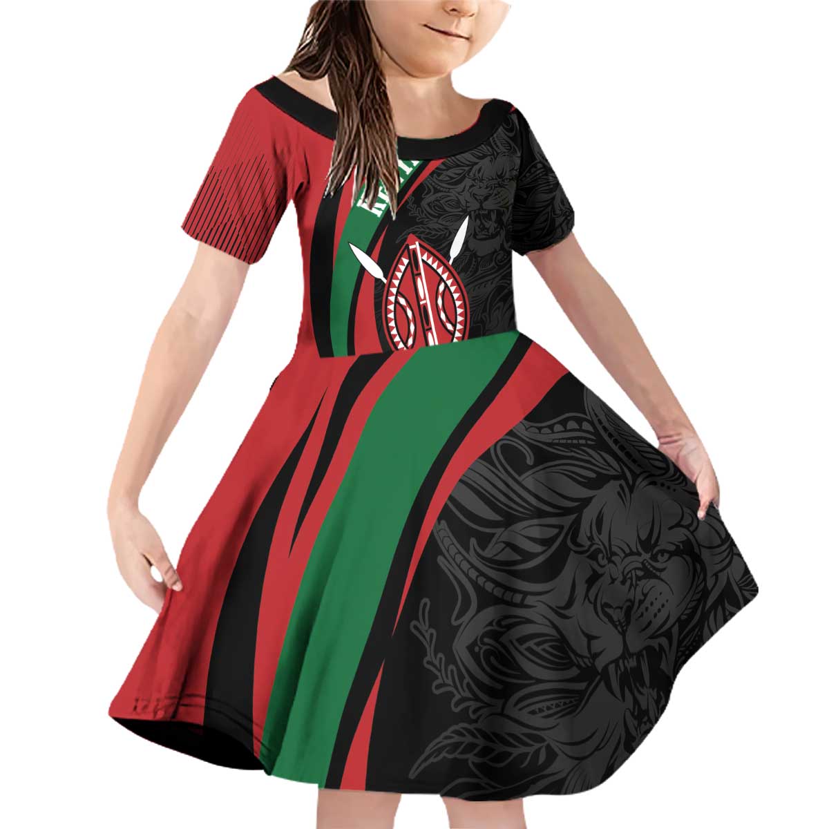Kenya Mashujaa Day Personalized Family Matching Off Shoulder Short Dress and Hawaiian Shirt Lion Warrior with Masai Shield LT7 - Wonder Print Shop