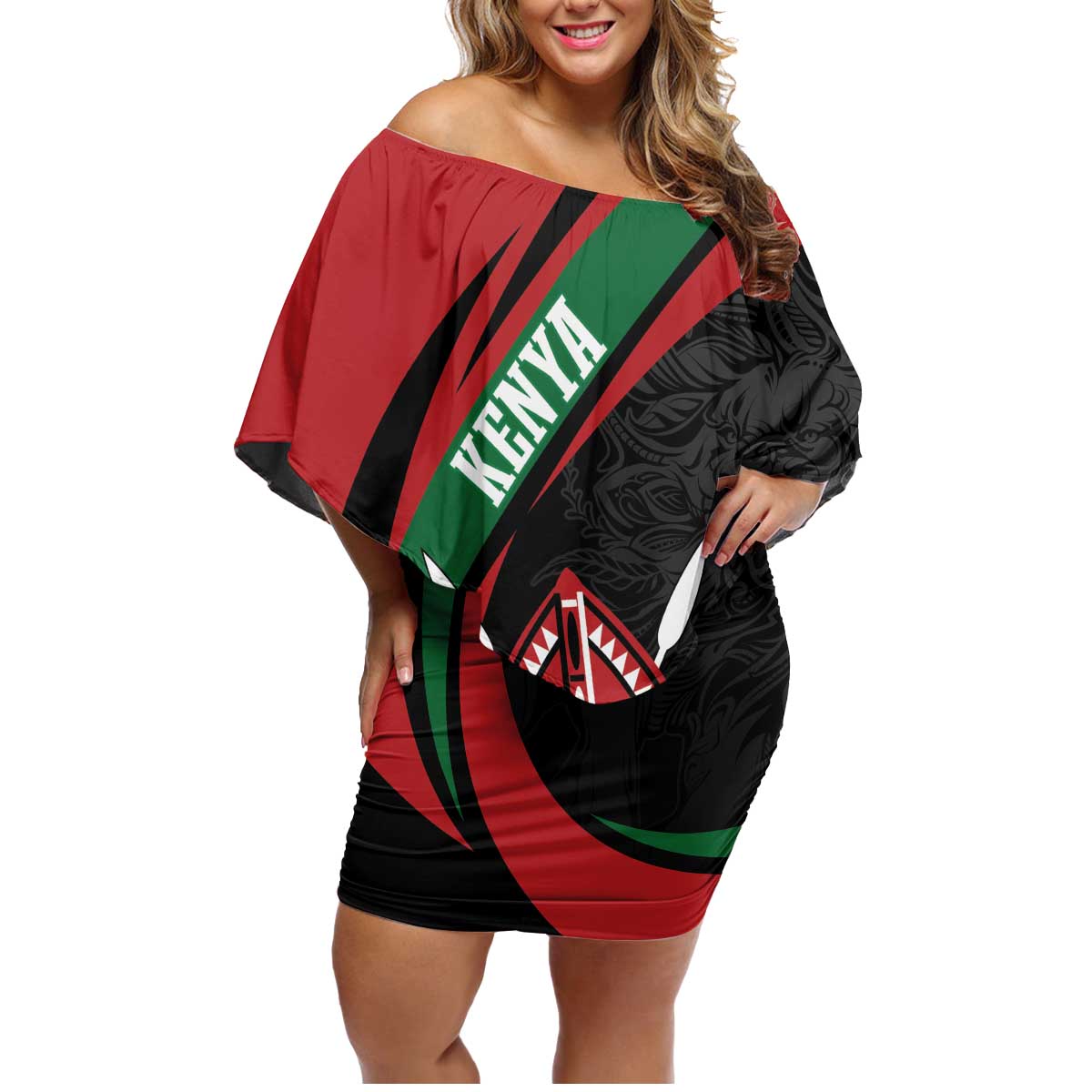 Kenya Mashujaa Day Personalized Family Matching Off Shoulder Short Dress and Hawaiian Shirt Lion Warrior with Masai Shield LT7 - Wonder Print Shop