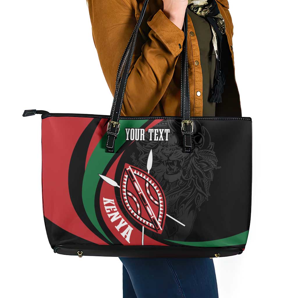 Kenya Mashujaa Day Personalized Leather Tote Bag Lion Warrior with Masai Shield - Wonder Print Shop