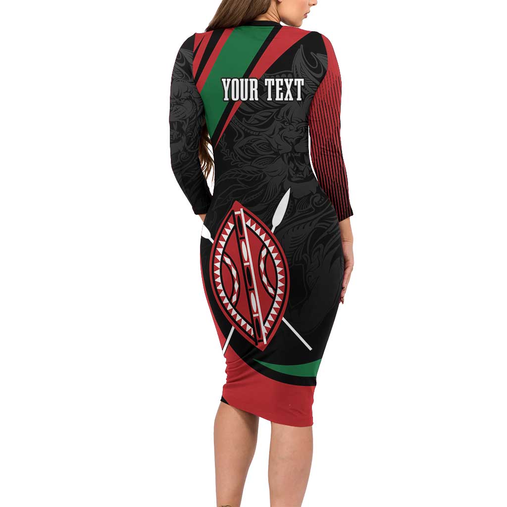 Kenya Mashujaa Day Personalized Long Sleeve Bodycon Dress Lion Warrior with Masai Shield - Wonder Print Shop