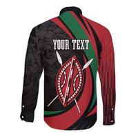 Kenya Mashujaa Day Personalized Long Sleeve Button Shirt Lion Warrior with Masai Shield - Wonder Print Shop
