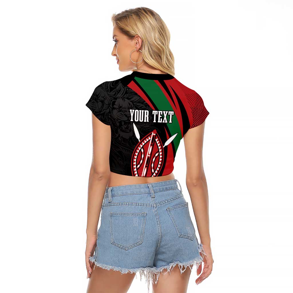 Kenya Mashujaa Day Personalized Raglan Cropped T Shirt Lion Warrior with Masai Shield - Wonder Print Shop