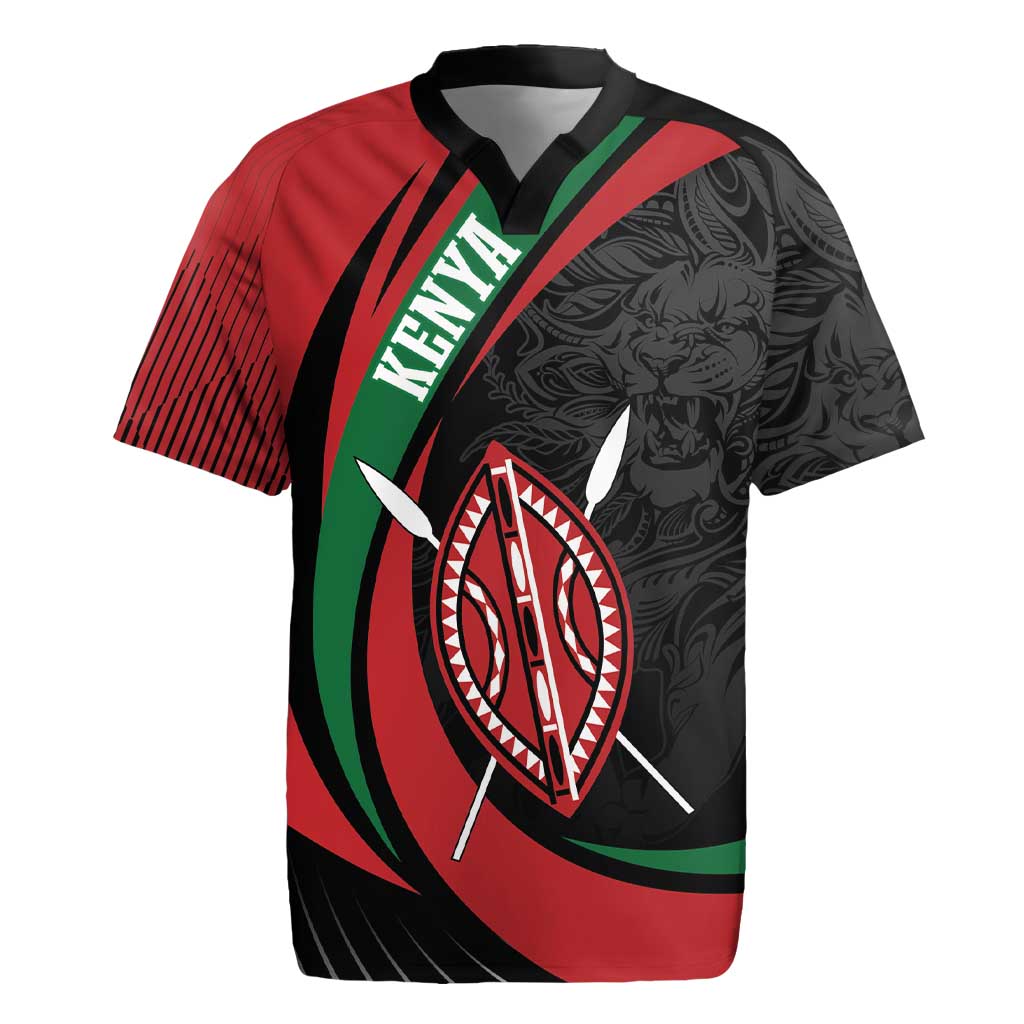 Kenya Mashujaa Day Personalized Rugby Jersey Lion Warrior with Masai Shield - Wonder Print Shop
