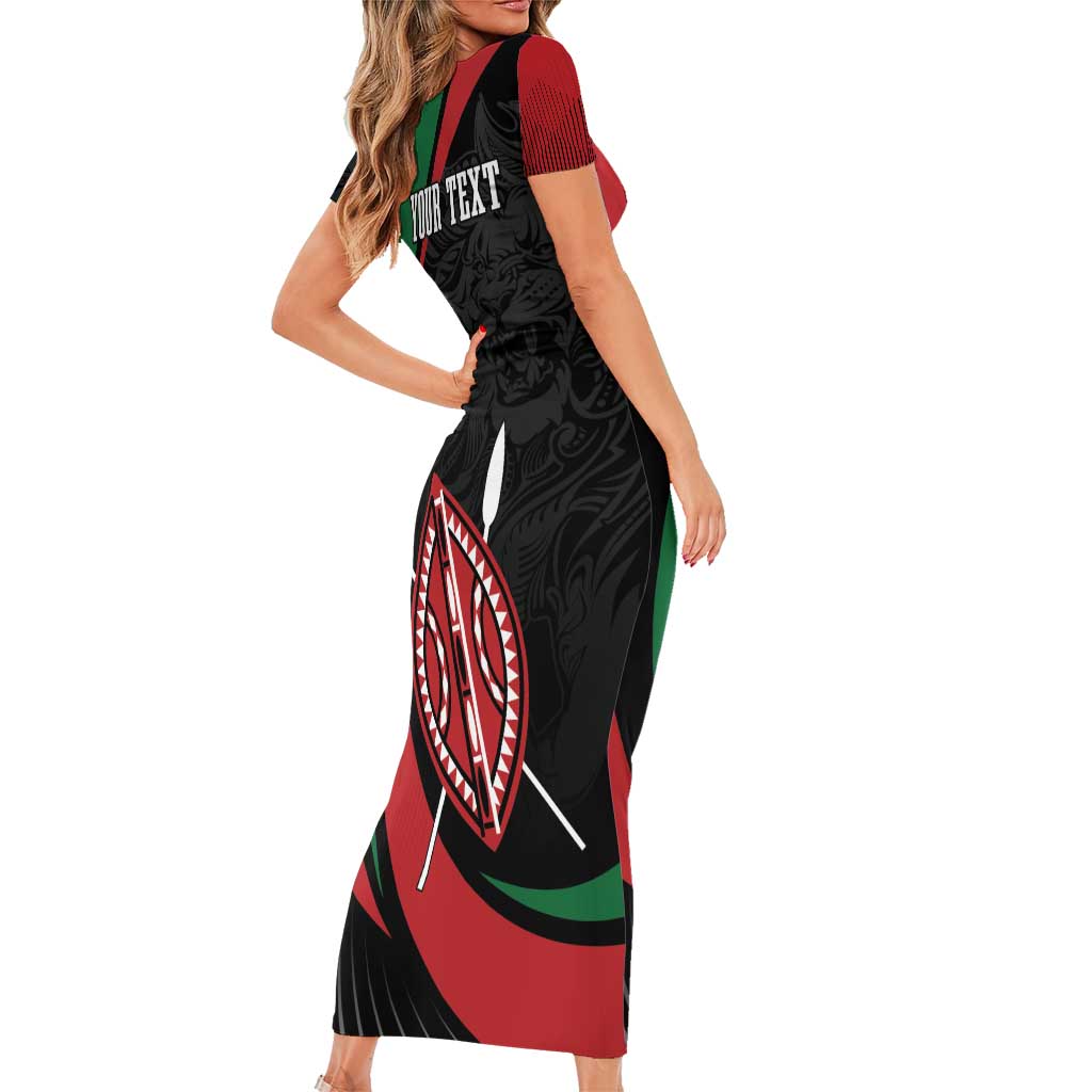 Kenya Mashujaa Day Personalized Short Sleeve Bodycon Dress Lion Warrior with Masai Shield - Wonder Print Shop