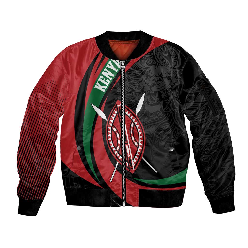 Kenya Mashujaa Day Personalized Sleeve Zip Bomber Jacket Lion Warrior with Masai Shield - Wonder Print Shop