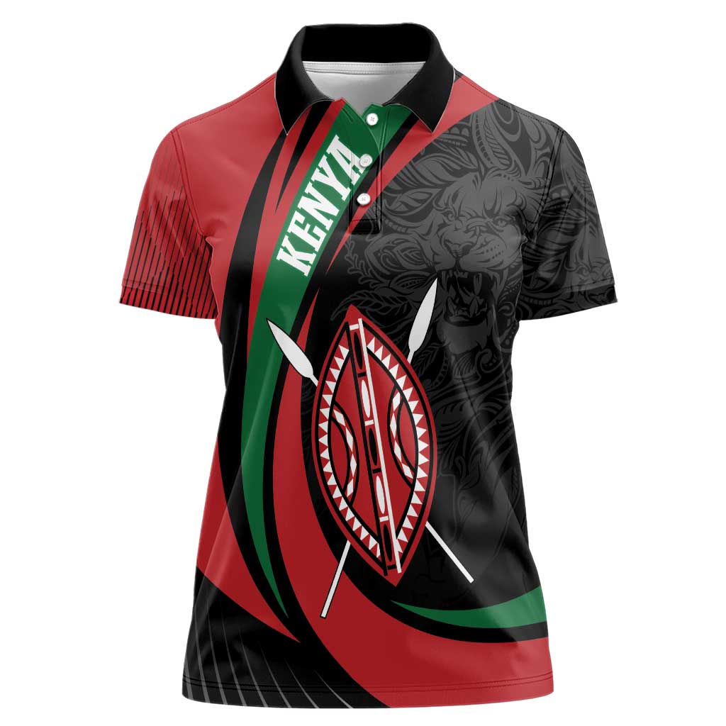 Kenya Mashujaa Day Personalized Women Polo Shirt Lion Warrior with Masai Shield - Wonder Print Shop