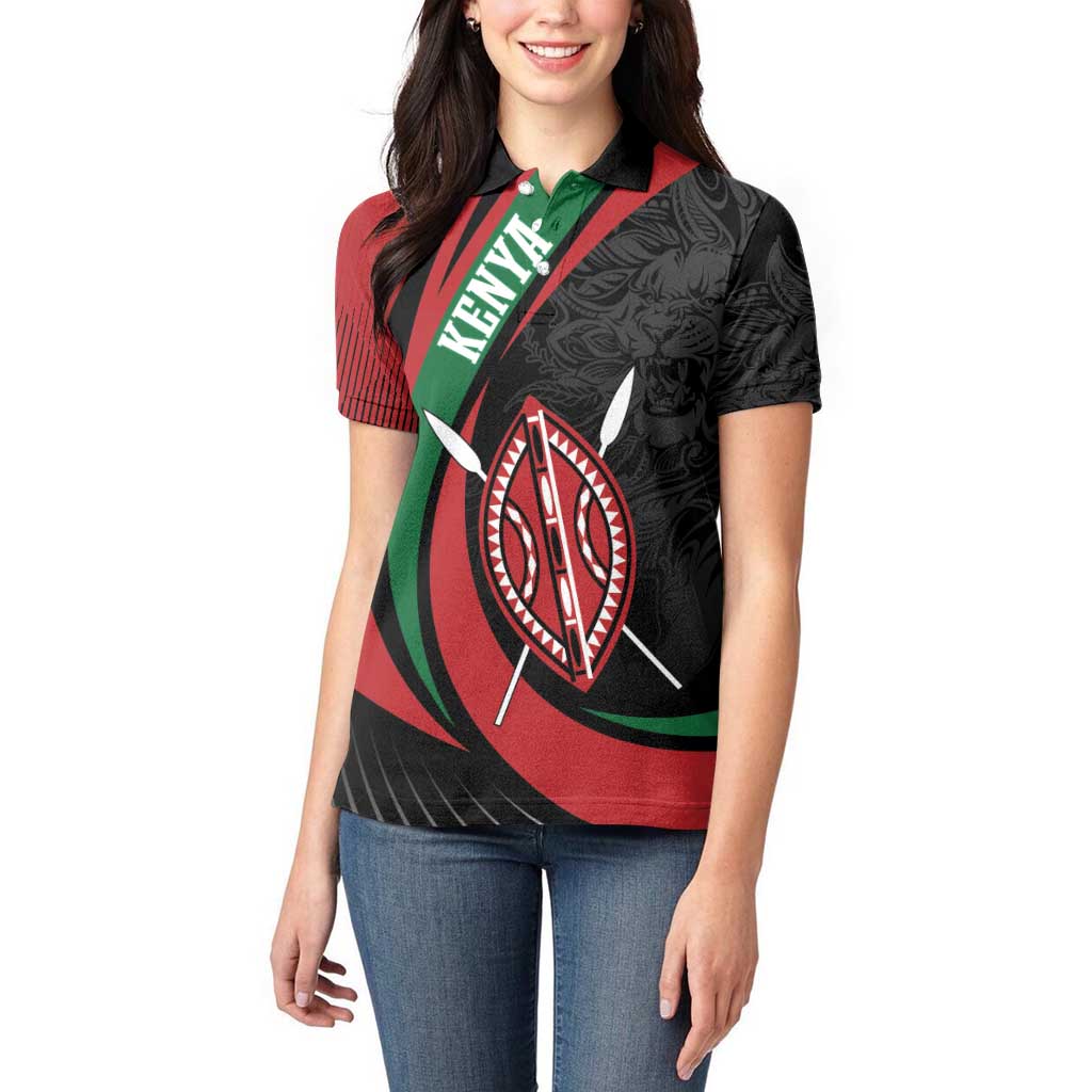 Kenya Mashujaa Day Personalized Women Polo Shirt Lion Warrior with Masai Shield - Wonder Print Shop