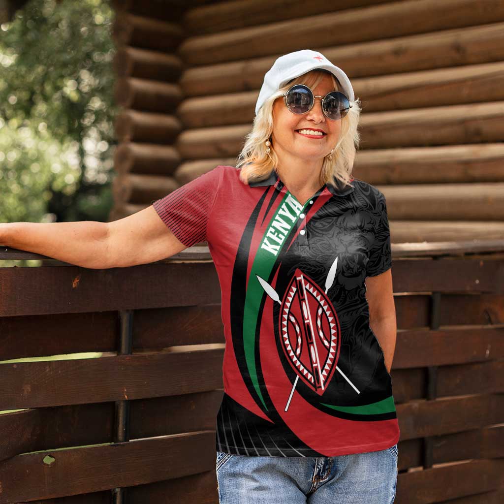 Kenya Mashujaa Day Personalized Women Polo Shirt Lion Warrior with Masai Shield - Wonder Print Shop