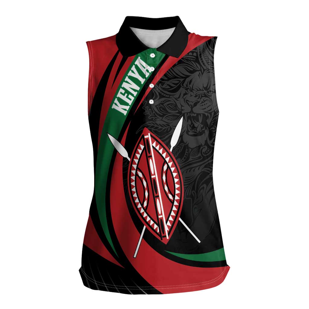 Kenya Mashujaa Day Personalized Women Sleeveless Polo Shirt Lion Warrior with Masai Shield - Wonder Print Shop
