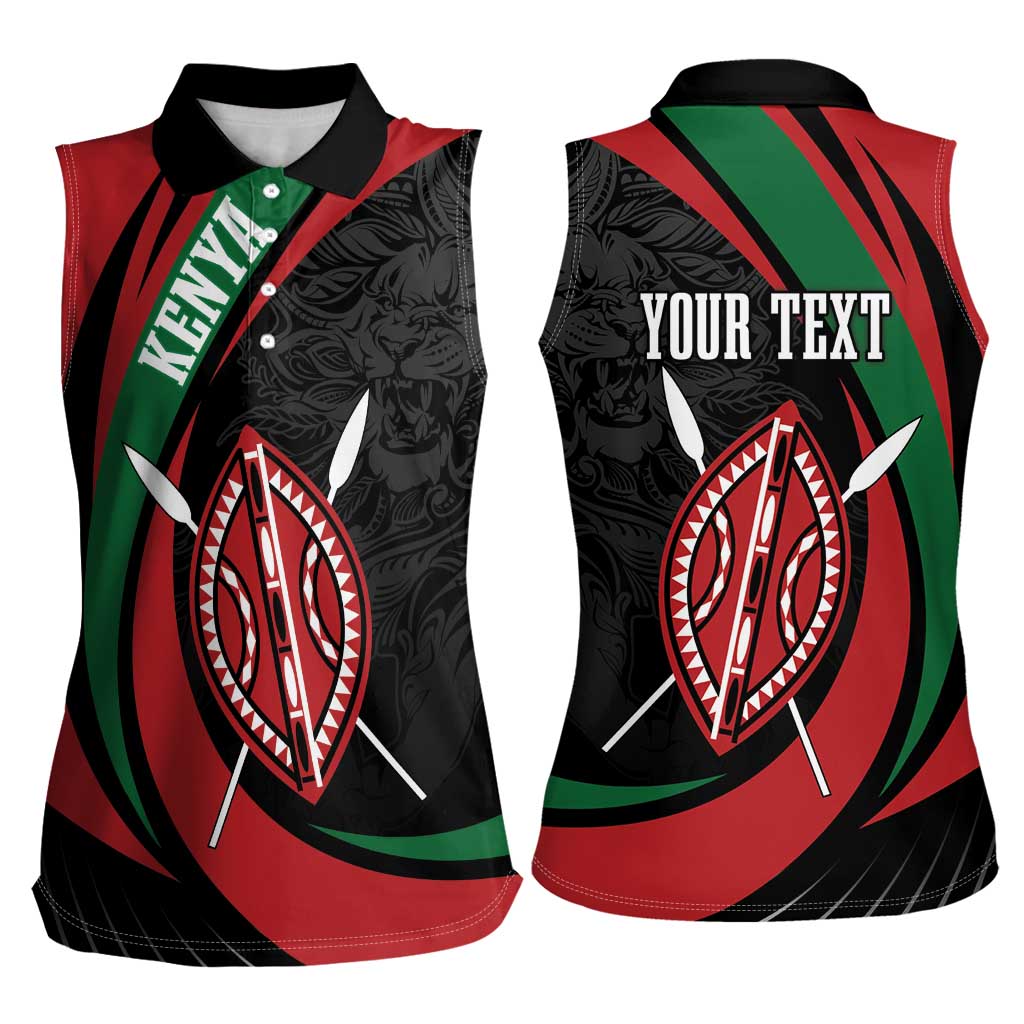 Kenya Mashujaa Day Personalized Women Sleeveless Polo Shirt Lion Warrior with Masai Shield - Wonder Print Shop