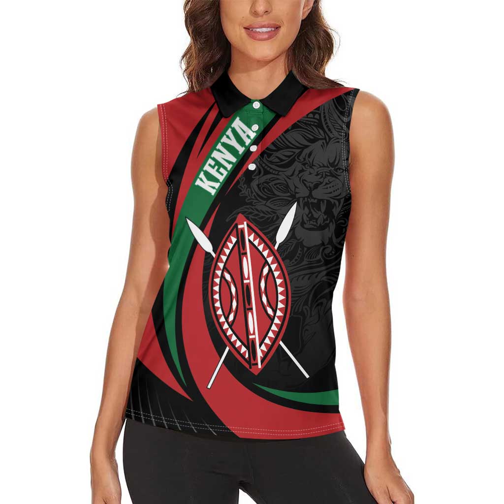 Kenya Mashujaa Day Personalized Women Sleeveless Polo Shirt Lion Warrior with Masai Shield - Wonder Print Shop