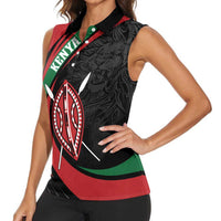 Kenya Mashujaa Day Personalized Women Sleeveless Polo Shirt Lion Warrior with Masai Shield - Wonder Print Shop