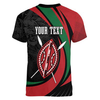 Kenya Mashujaa Day Personalized Women V-Neck T-Shirt Lion Warrior with Masai Shield - Wonder Print Shop