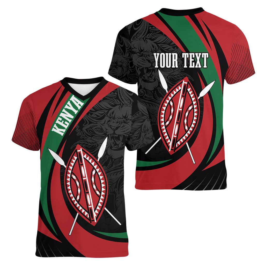 Kenya Mashujaa Day Personalized Women V-Neck T-Shirt Lion Warrior with Masai Shield - Wonder Print Shop