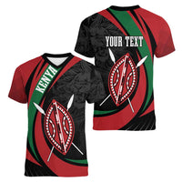 Kenya Mashujaa Day Personalized Women V-Neck T-Shirt Lion Warrior with Masai Shield - Wonder Print Shop