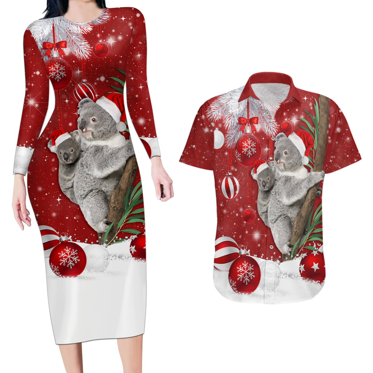 Australia Christmas Couples Matching Long Sleeve Bodycon Dress and Hawaiian Shirt Santa Koala Ver02 LT7 - Wonder Print Shop