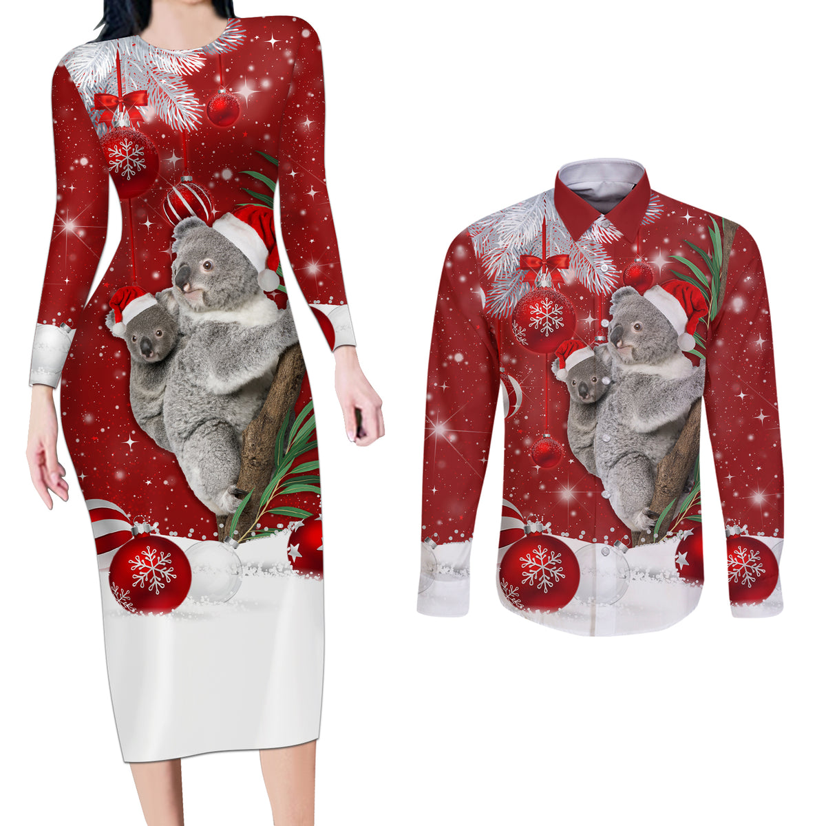 Australia Christmas Couples Matching Long Sleeve Bodycon Dress and Long Sleeve Button Shirt Santa Koala Ver02 LT7 - Wonder Print Shop