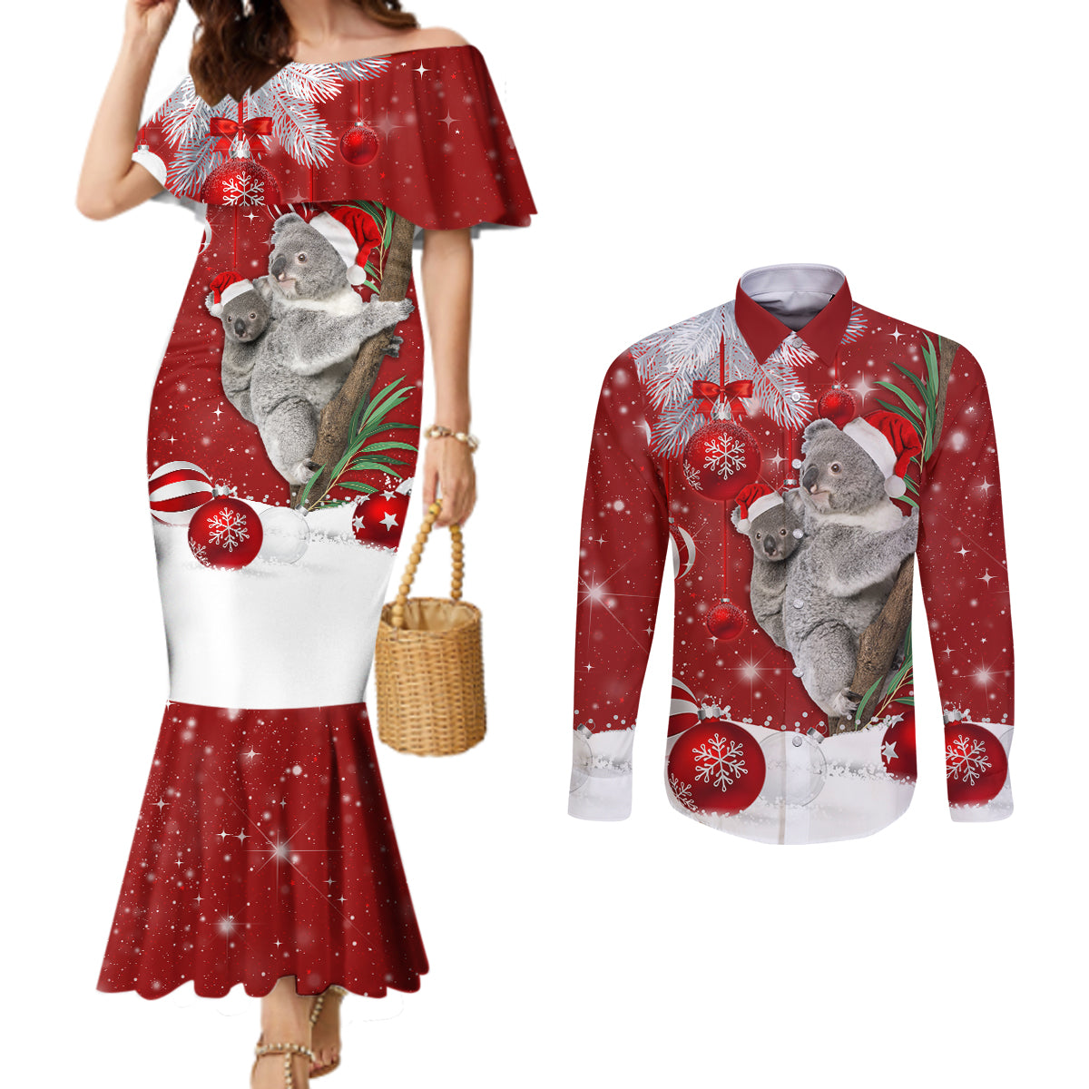 australia-christmas-couples-matching-mermaid-dress-and-long-sleeve-button-shirt-santa-koala-ver02