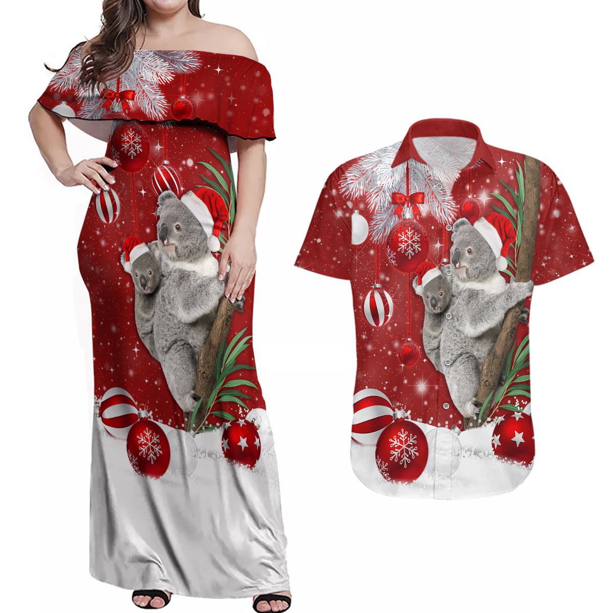 Australia Christmas Couples Matching Off Shoulder Maxi Dress and Hawaiian Shirt Santa Koala Ver02 LT7 - Wonder Print Shop