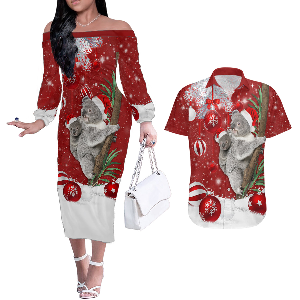 Australia Christmas Couples Matching Off The Shoulder Long Sleeve Dress and Hawaiian Shirt Santa Koala Ver02 LT7 - Wonder Print Shop