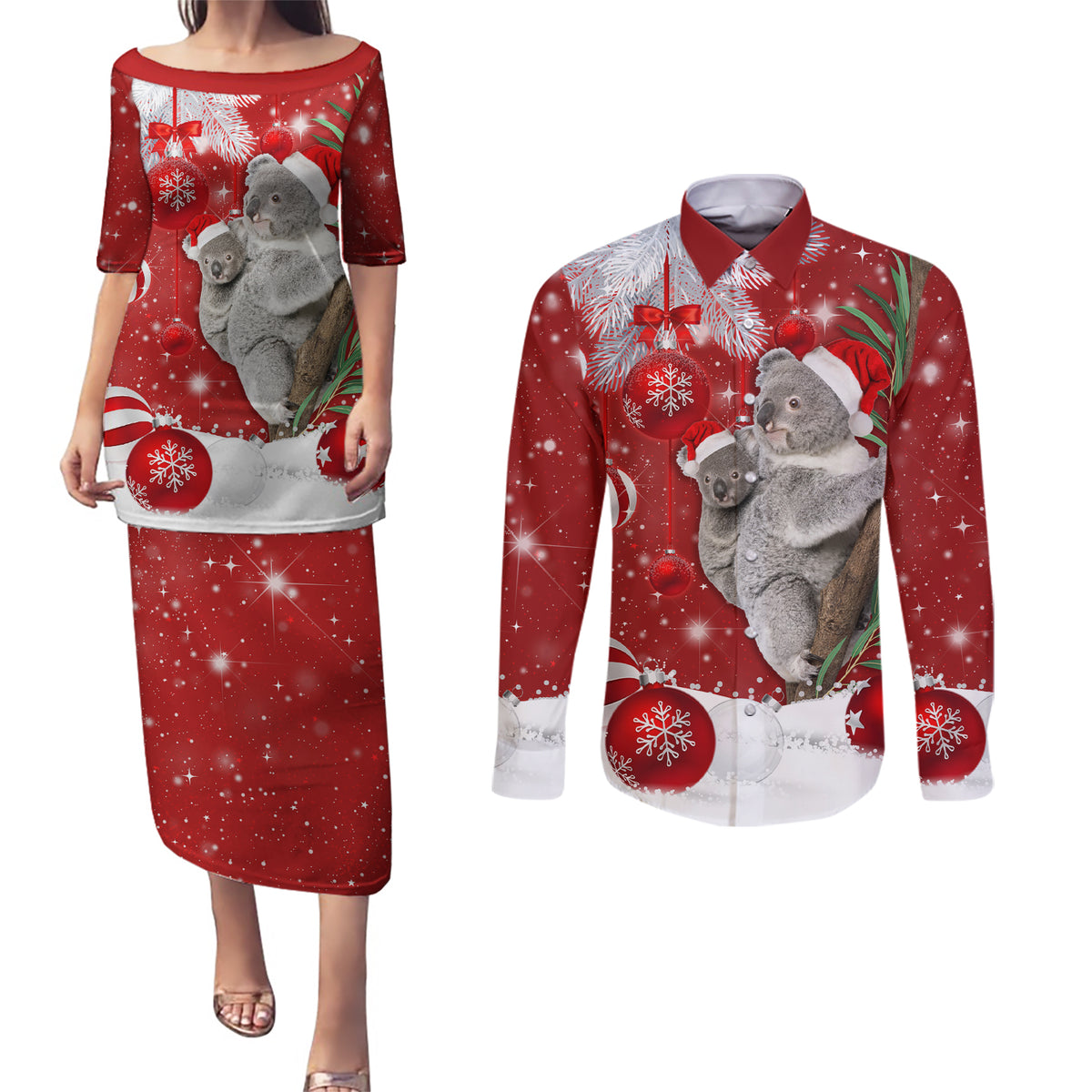 Australia Christmas Couples Matching Puletasi Dress and Long Sleeve Button Shirt Santa Koala Ver02 LT7 - Wonder Print Shop