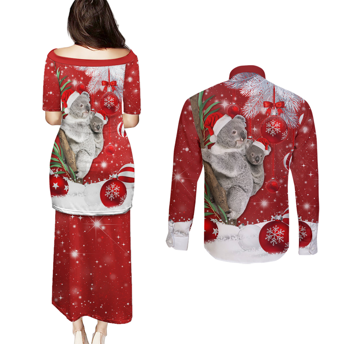 Australia Christmas Couples Matching Puletasi Dress and Long Sleeve Button Shirt Santa Koala Ver02 LT7 - Wonder Print Shop
