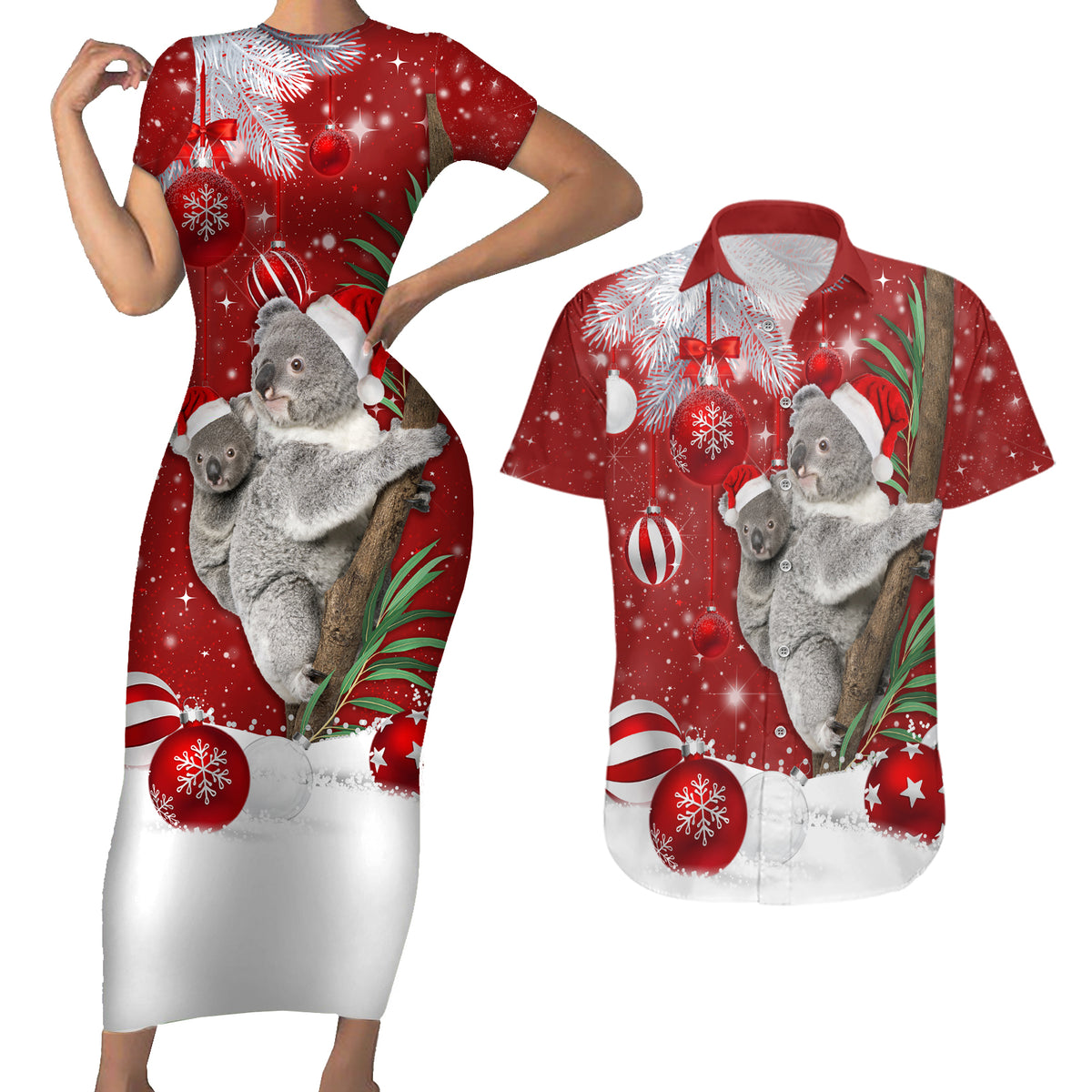 Australia Christmas Couples Matching Short Sleeve Bodycon Dress and Hawaiian Shirt Santa Koala Ver02 LT7 - Wonder Print Shop