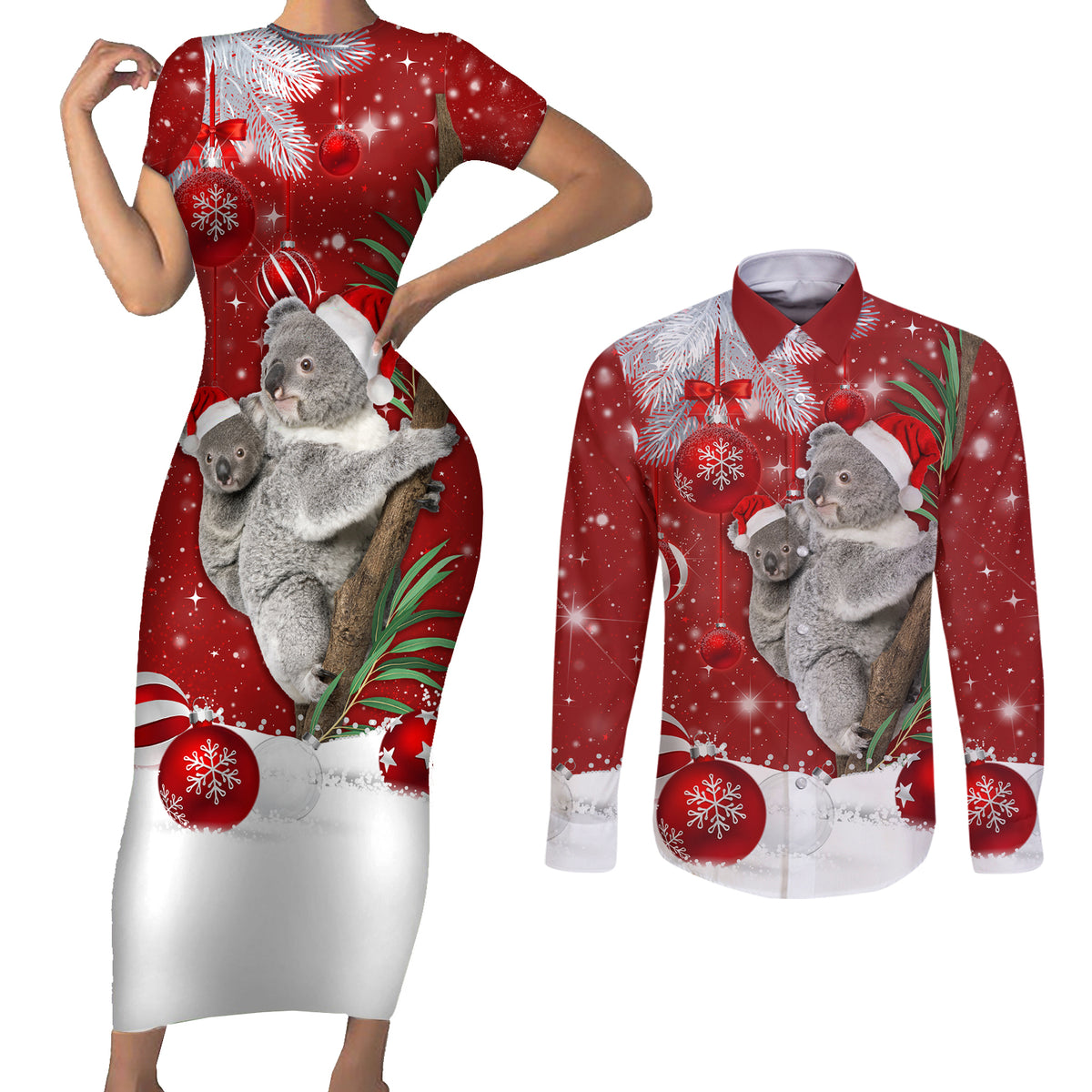 Australia Christmas Couples Matching Short Sleeve Bodycon Dress and Long Sleeve Button Shirt Santa Koala Ver02 LT7 - Wonder Print Shop