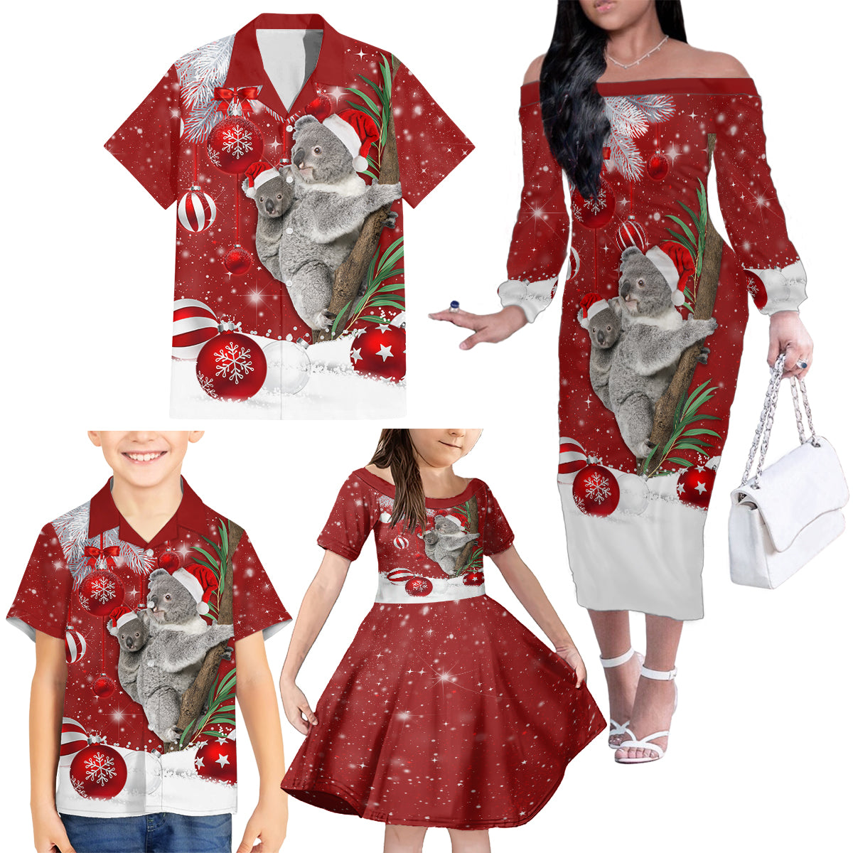 Australia Christmas Family Matching Off Shoulder Long Sleeve Dress and Hawaiian Shirt Santa Koala Ver02 - Wonder Print Shop