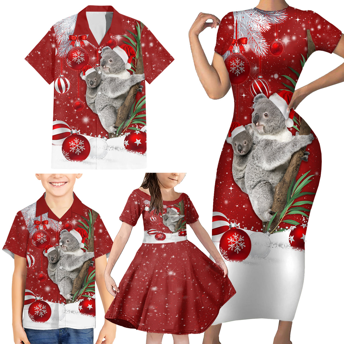 Australia Christmas Family Matching Short Sleeve Bodycon Dress and Hawaiian Shirt Santa Koala Ver02 - Wonder Print Shop