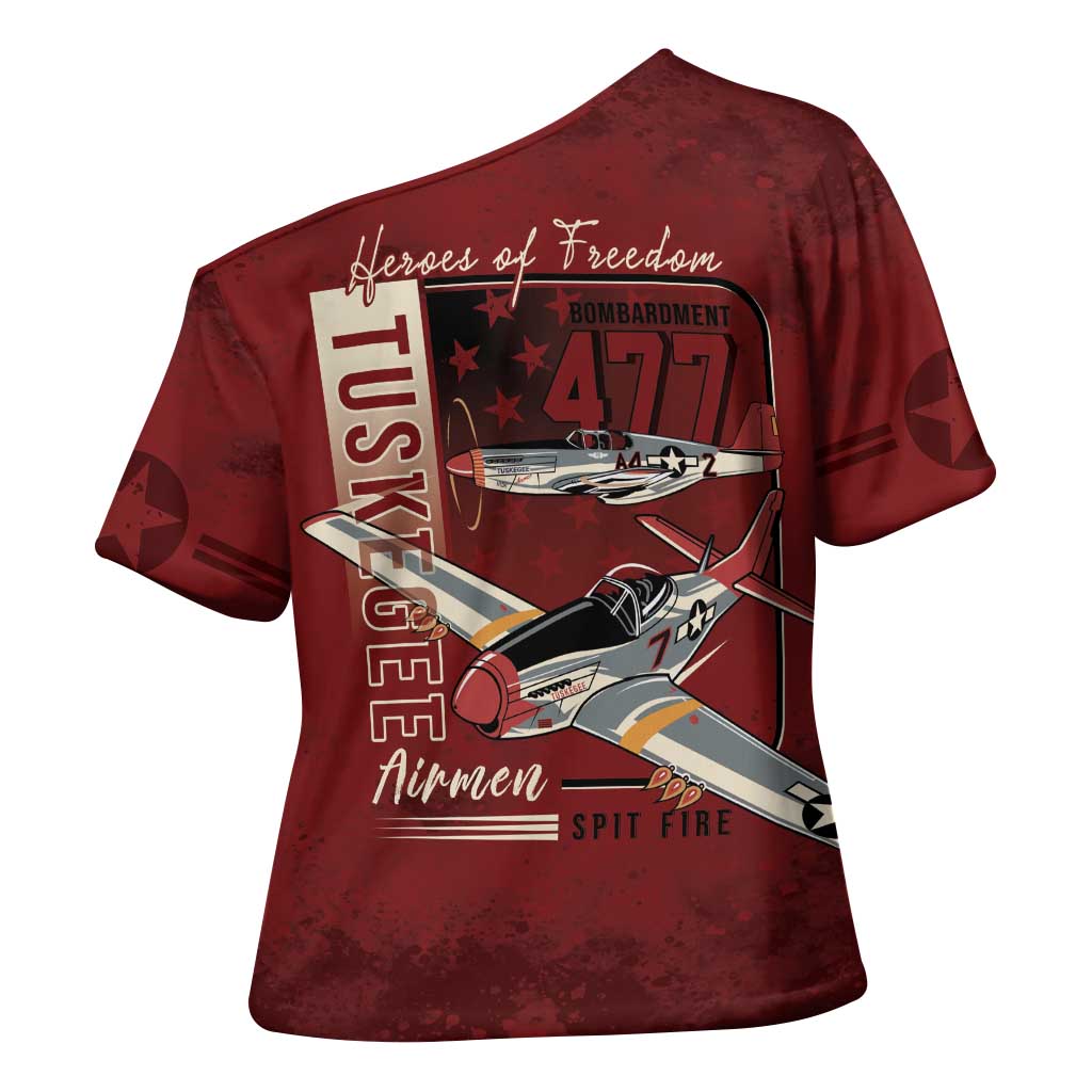 Tuskegee Airmen Spit Fire 477th Cross Shoulder Shirt Crimson Grunge - Wonder Print Shop