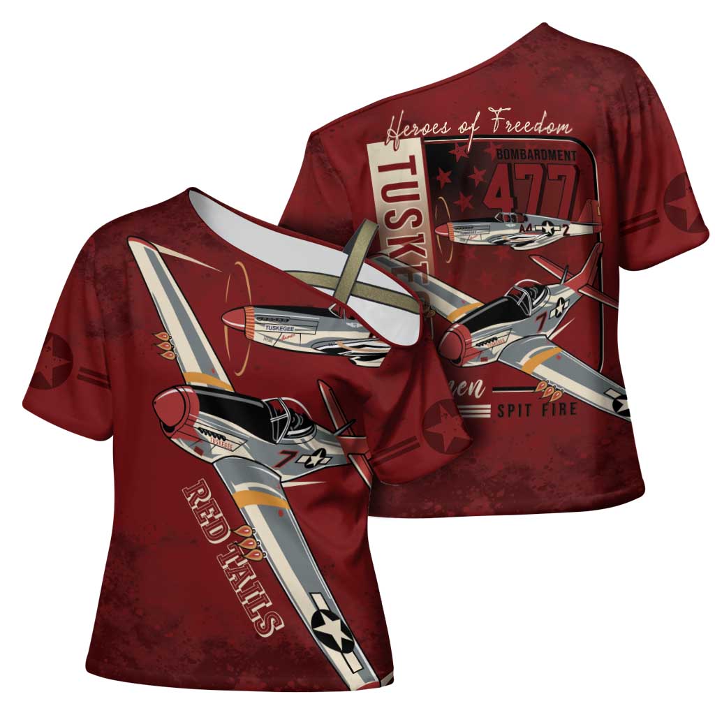 Tuskegee Airmen Spit Fire 477th Cross Shoulder Shirt Crimson Grunge - Wonder Print Shop