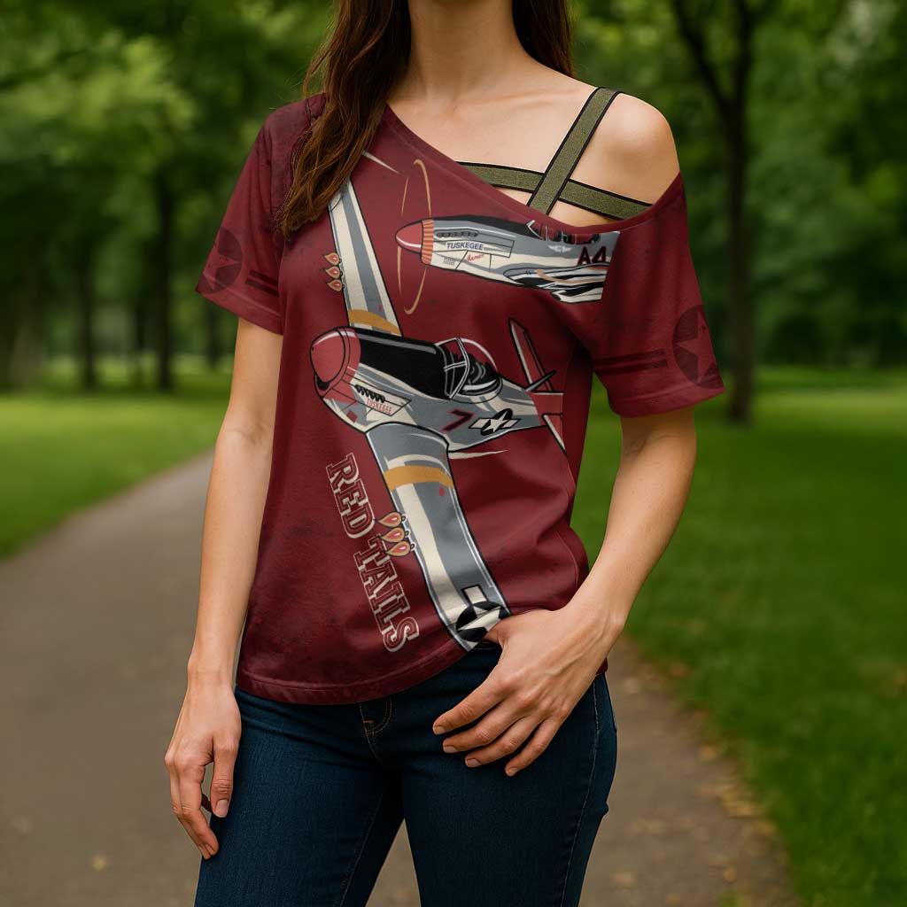 Tuskegee Airmen Spit Fire 477th Cross Shoulder Shirt Crimson Grunge - Wonder Print Shop