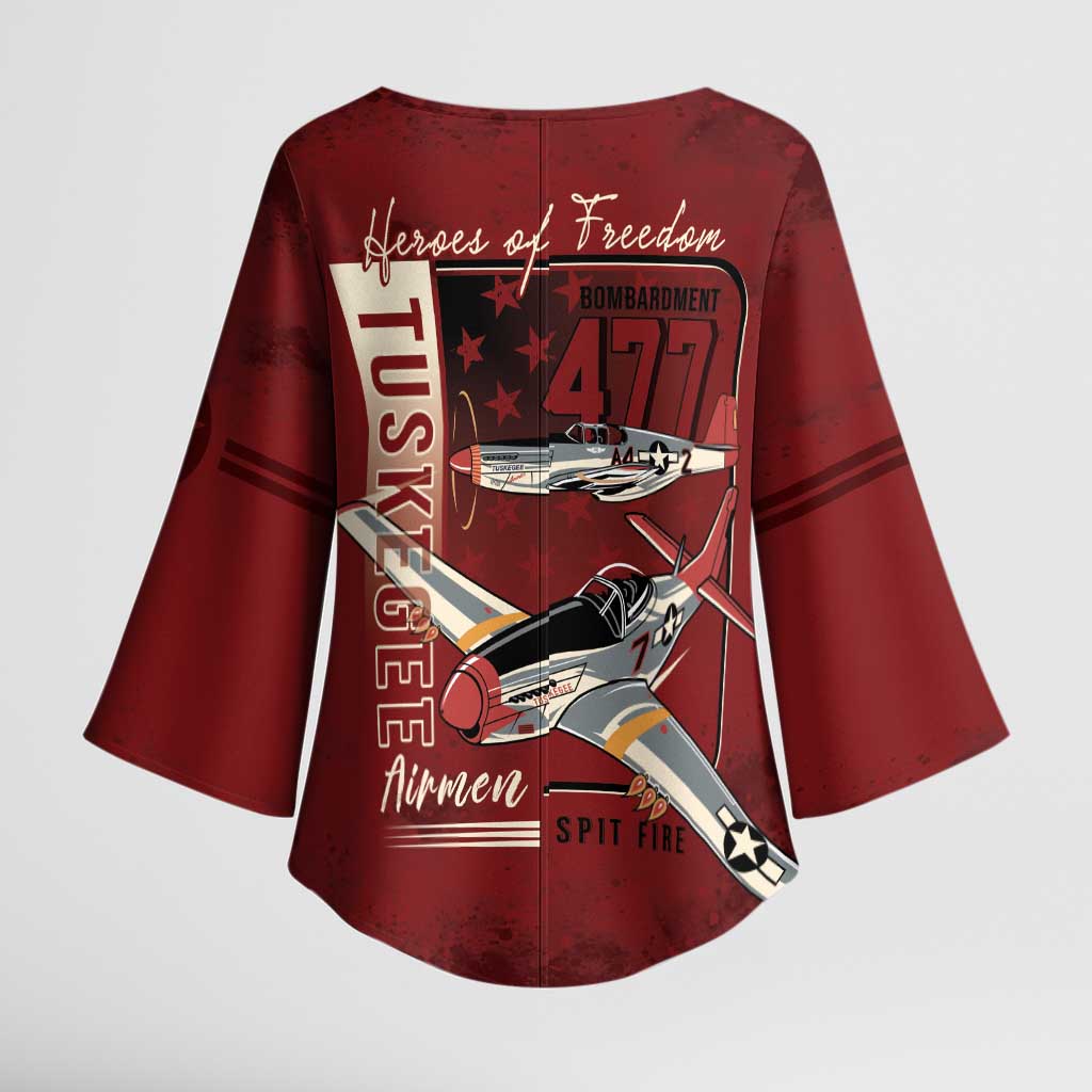 Tuskegee Airmen Spit Fire 477th Kimono Sleeve Blouse Crimson Grunge - Wonder Print Shop