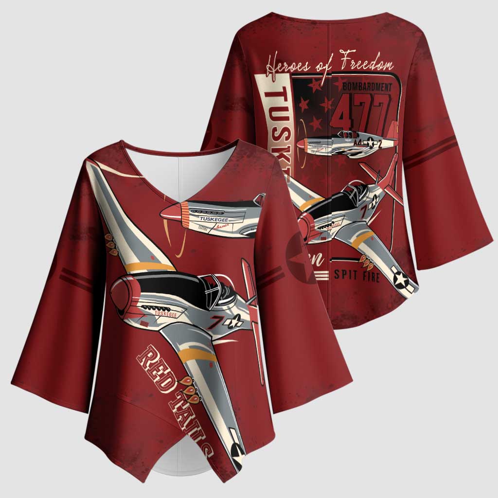 Tuskegee Airmen Spit Fire 477th Kimono Sleeve Blouse Crimson Grunge - Wonder Print Shop