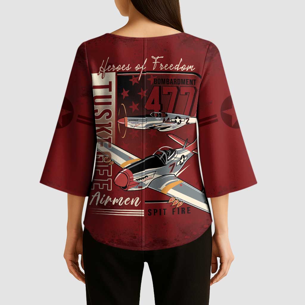 Tuskegee Airmen Spit Fire 477th Kimono Sleeve Blouse Crimson Grunge - Wonder Print Shop