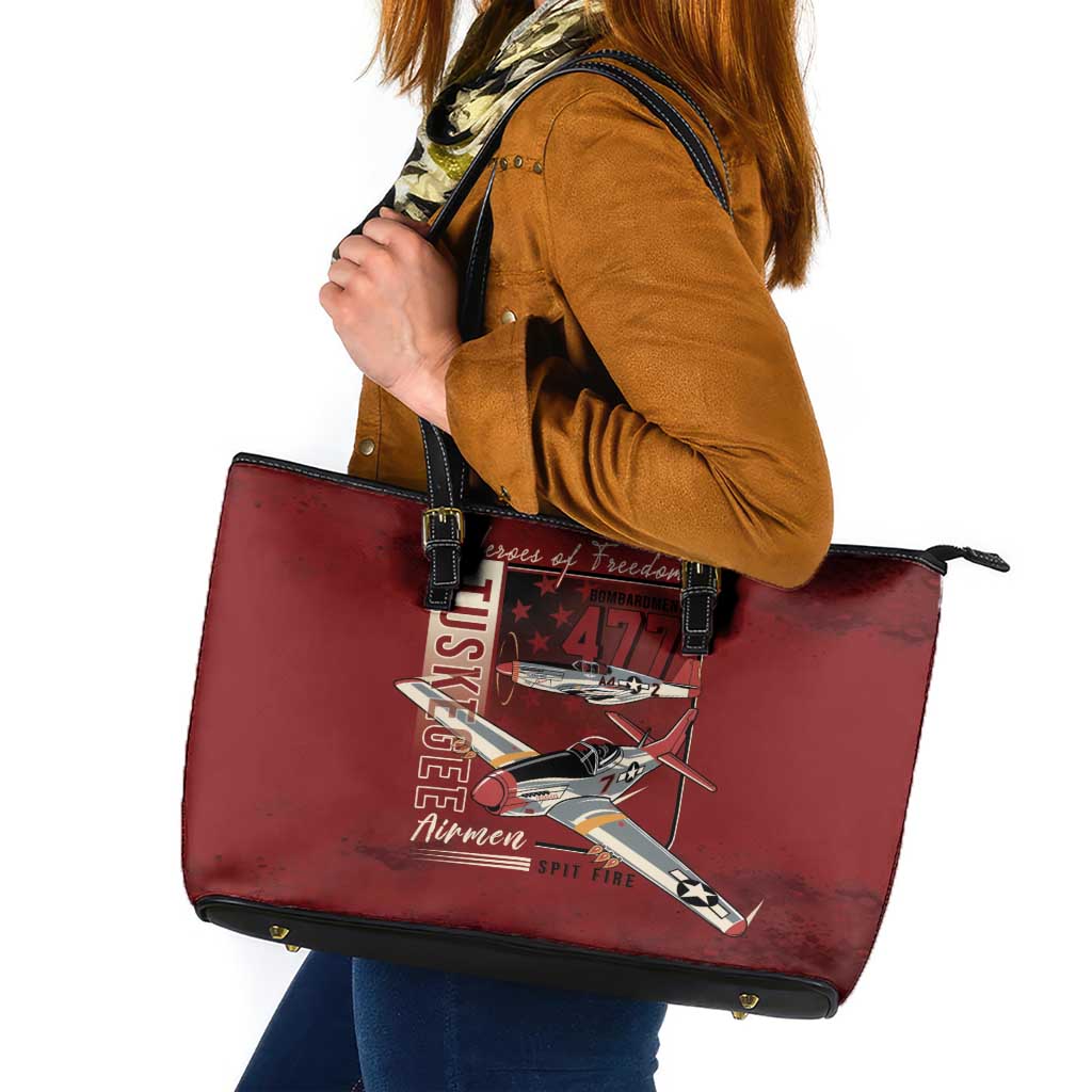 Tuskegee Airmen Spit Fire 477th Leather Tote Bag Crimson Grunge - Wonder Print Shop