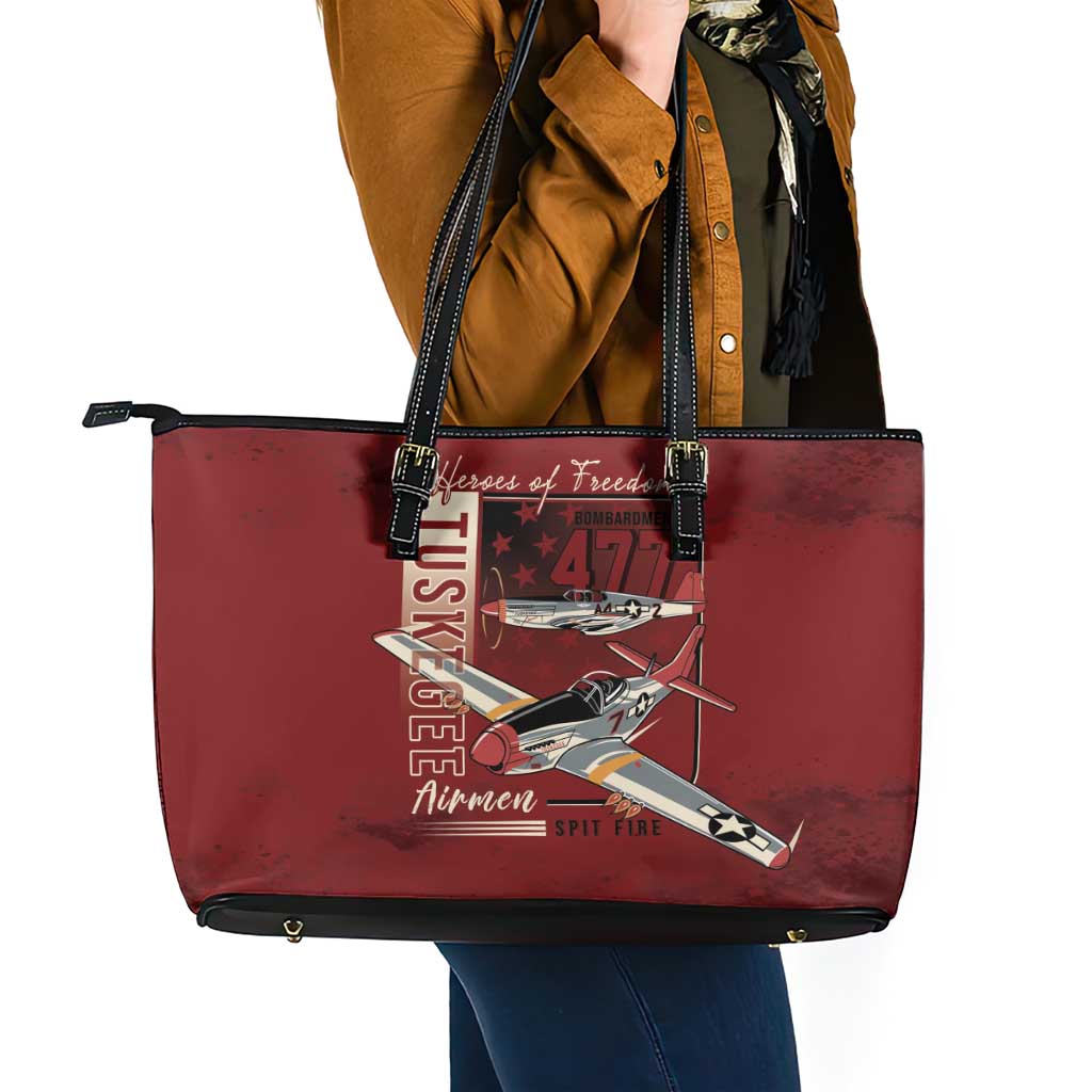 Tuskegee Airmen Spit Fire 477th Leather Tote Bag Crimson Grunge - Wonder Print Shop