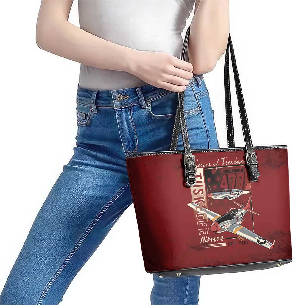 Tuskegee Airmen Spit Fire 477th Leather Tote Bag Crimson Grunge - Wonder Print Shop