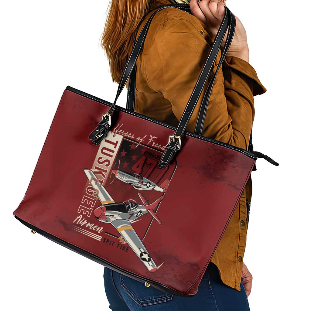 Tuskegee Airmen Spit Fire 477th Leather Tote Bag Crimson Grunge - Wonder Print Shop