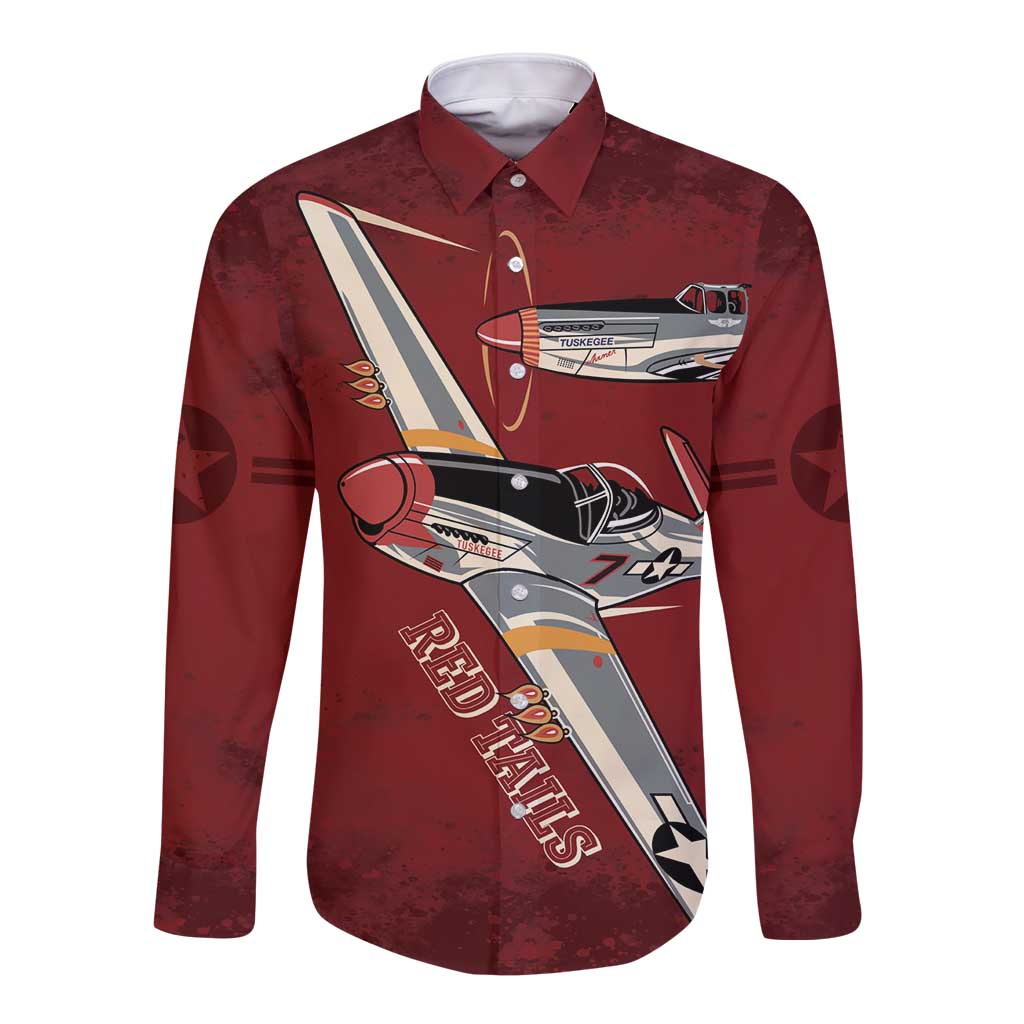 Tuskegee Airmen Spit Fire 477th Long Sleeve Button Shirt Crimson Grunge - Wonder Print Shop