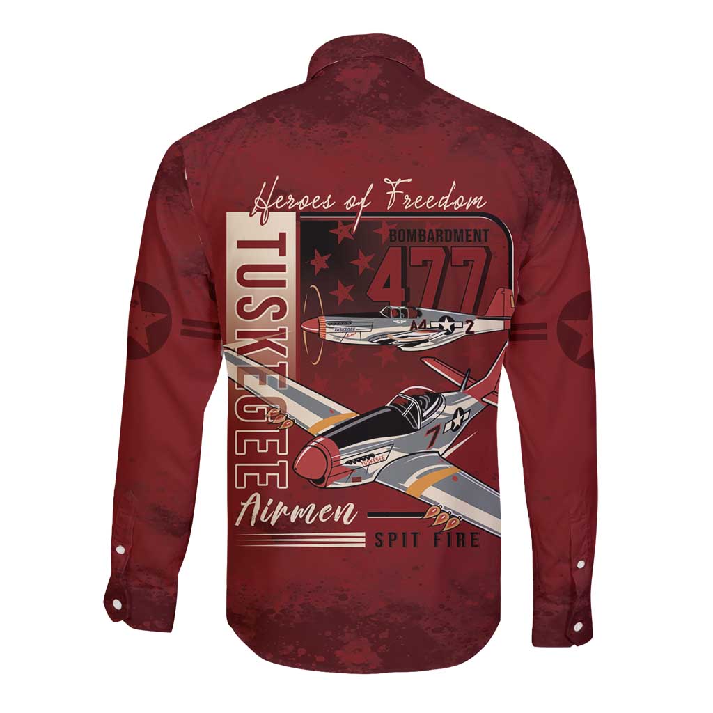 Tuskegee Airmen Spit Fire 477th Long Sleeve Button Shirt Crimson Grunge - Wonder Print Shop