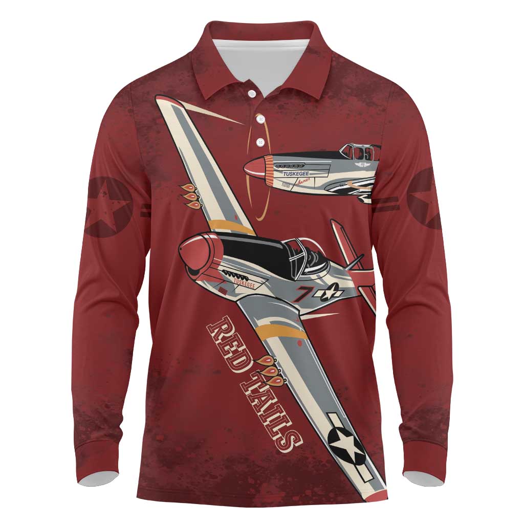 Tuskegee Airmen Spit Fire 477th Long Sleeve Polo Shirt Crimson Grunge - Wonder Print Shop