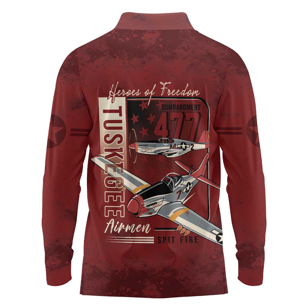Tuskegee Airmen Spit Fire 477th Long Sleeve Polo Shirt Crimson Grunge - Wonder Print Shop