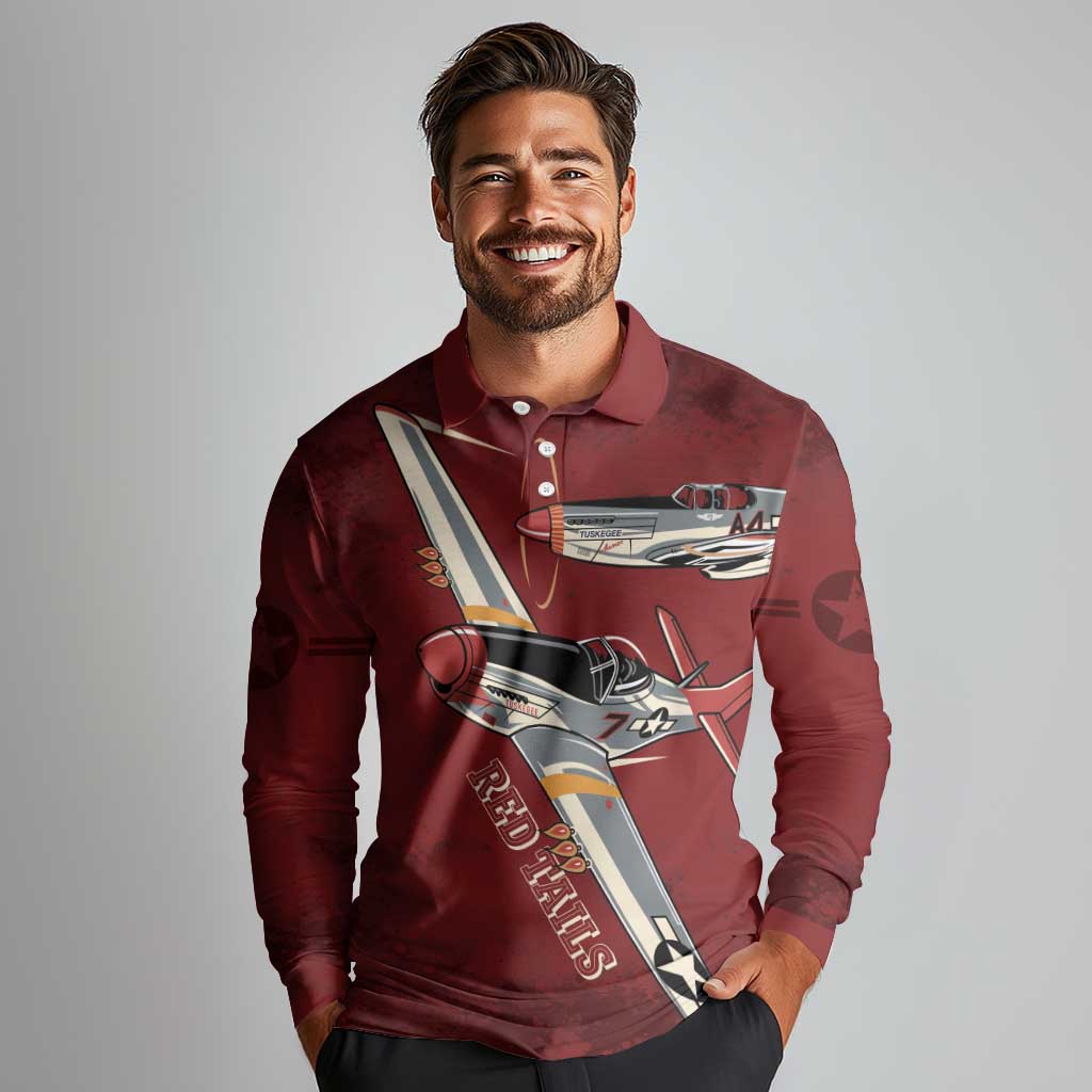 Tuskegee Airmen Spit Fire 477th Long Sleeve Polo Shirt Crimson Grunge - Wonder Print Shop