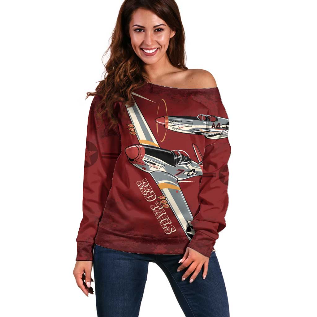 Tuskegee Airmen Spit Fire 477th Off Shoulder Sweater Crimson Grunge - Wonder Print Shop